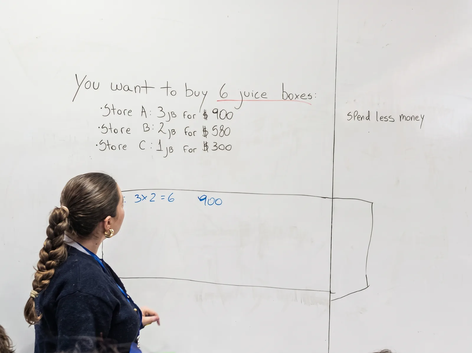 Isidora Benito, de espaldas, revisa con el curso un problema de matemáticas escrito en inglés en la pizarra